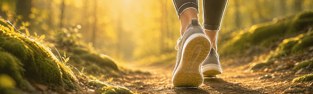Laufschuhe auf einem sonnigen Waldweg im Frühling gegen die Frühjahrsmüdigkeit